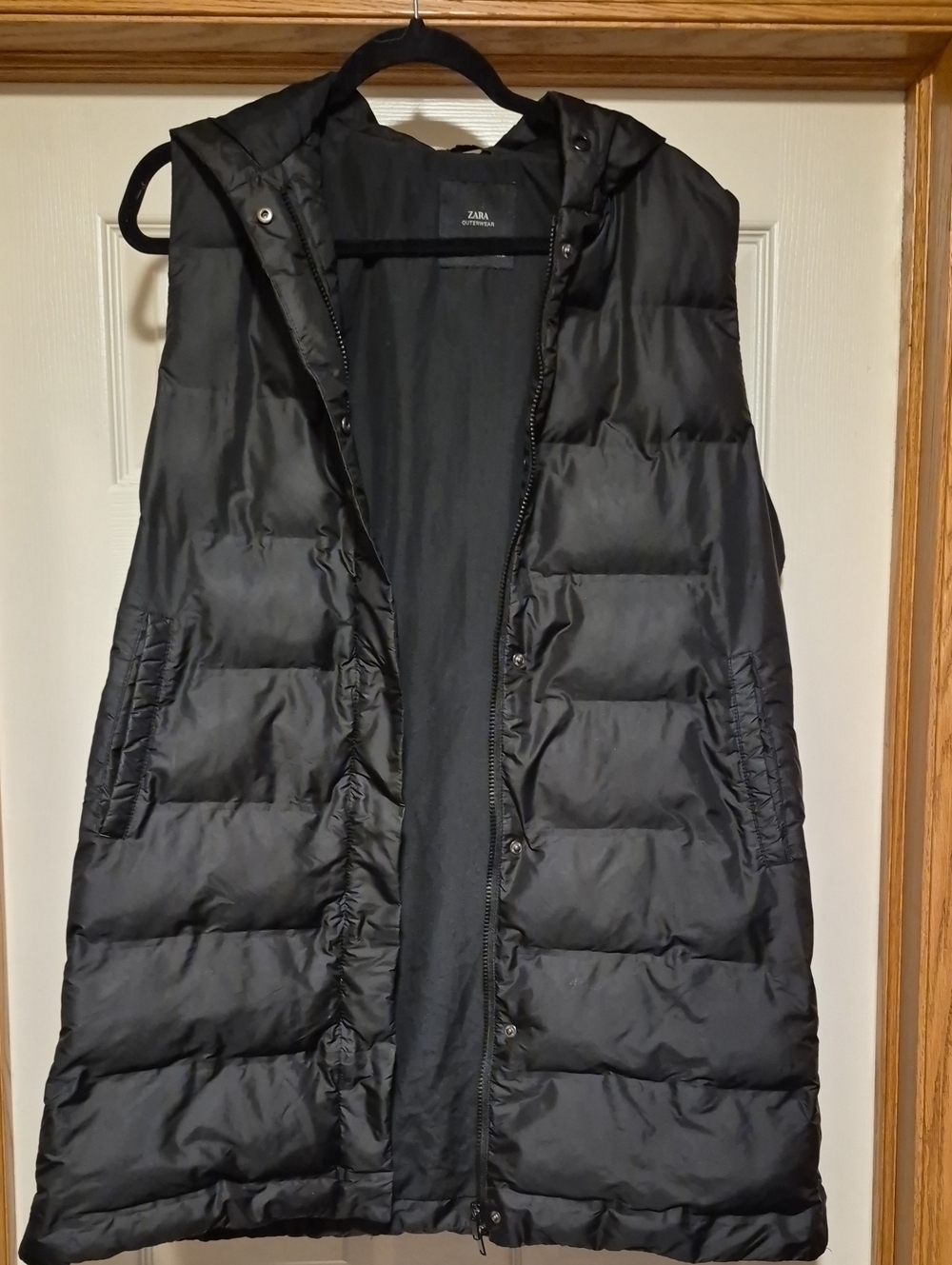 ZARA Black Hooded Puffer Vest - Ladies Long Quilted Sleeveless Coatladie